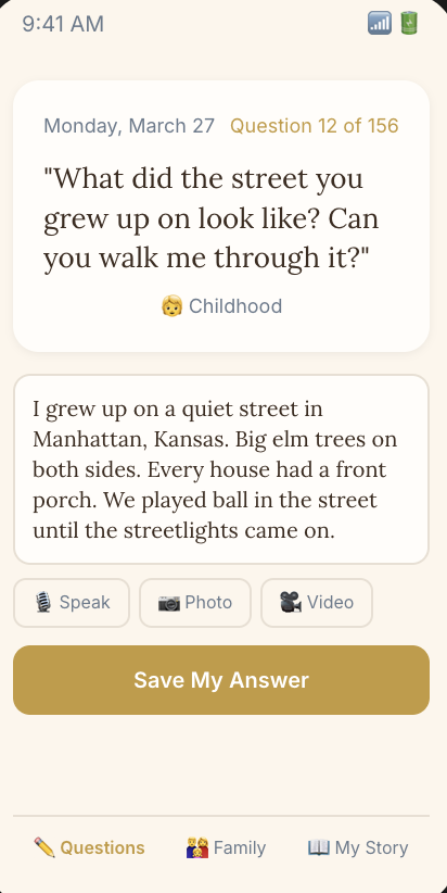 Family Stori app showing the question: What did the street you grew up on look like? With a heartfelt answer about growing up in Manhattan, Kansas