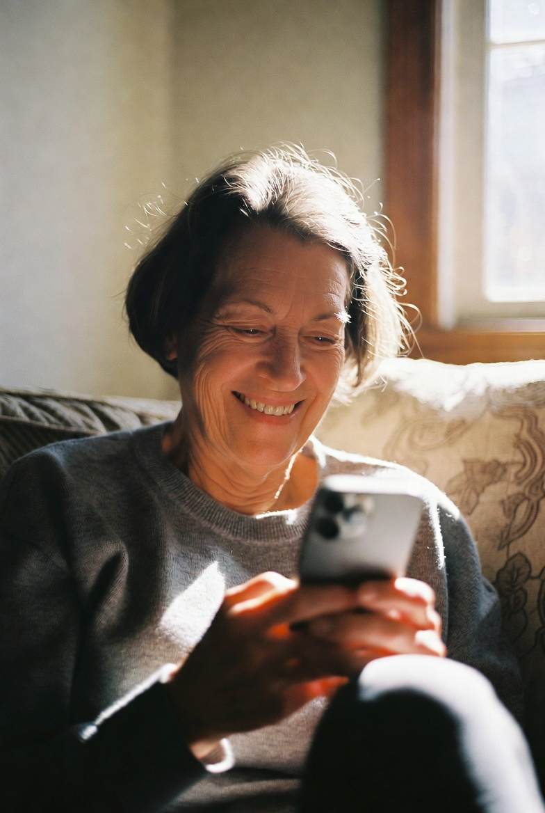 A woman smiling warmly while reading a Family Stori question on her phone