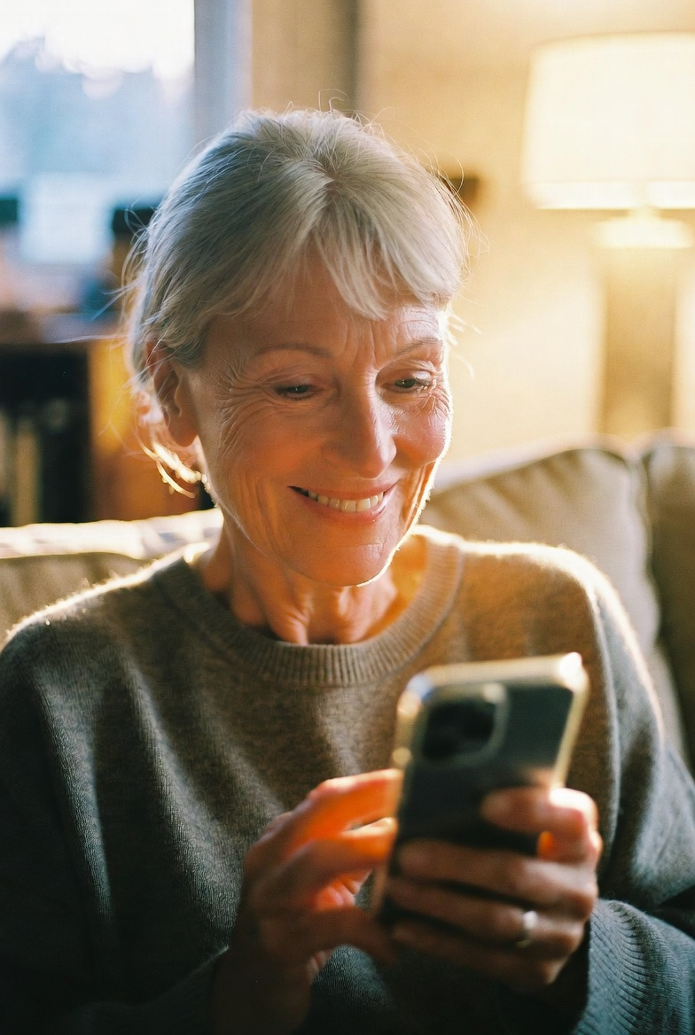 A woman smiling at her phone by a window, answering a Family Stori question
